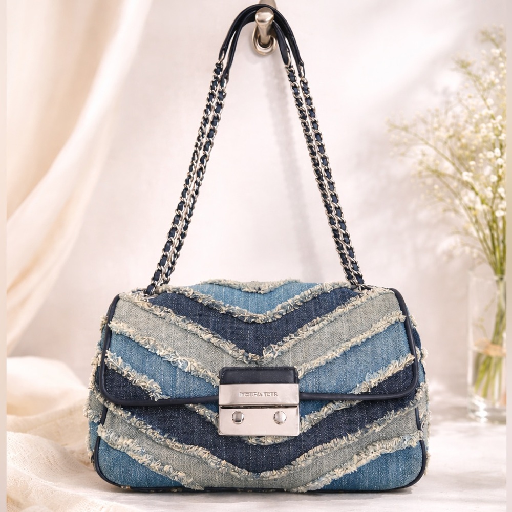 Michael Kors Sloan Small Denim Chevron Patchwork MK Silver Chain Shoulder Bag